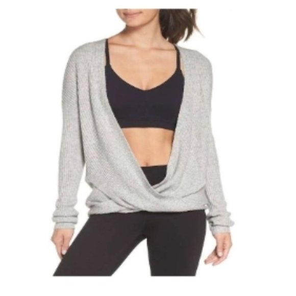 Zella All Day Ribbed Cros Cross faux wrap Light Sweater‎ Grey Size Small - Picture 1 of 9